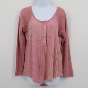 Saturday Sunday Waffle Knit Henley Top Womens S Pink Flowy Boho Cottagecore